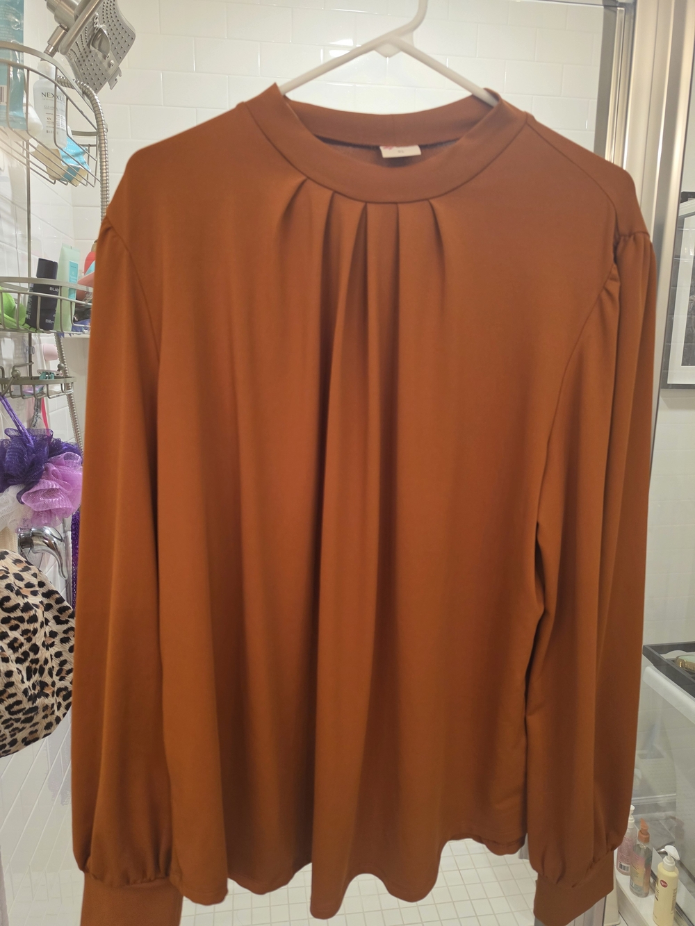Women's Long-Sleeve Pleated Blouse - Rust